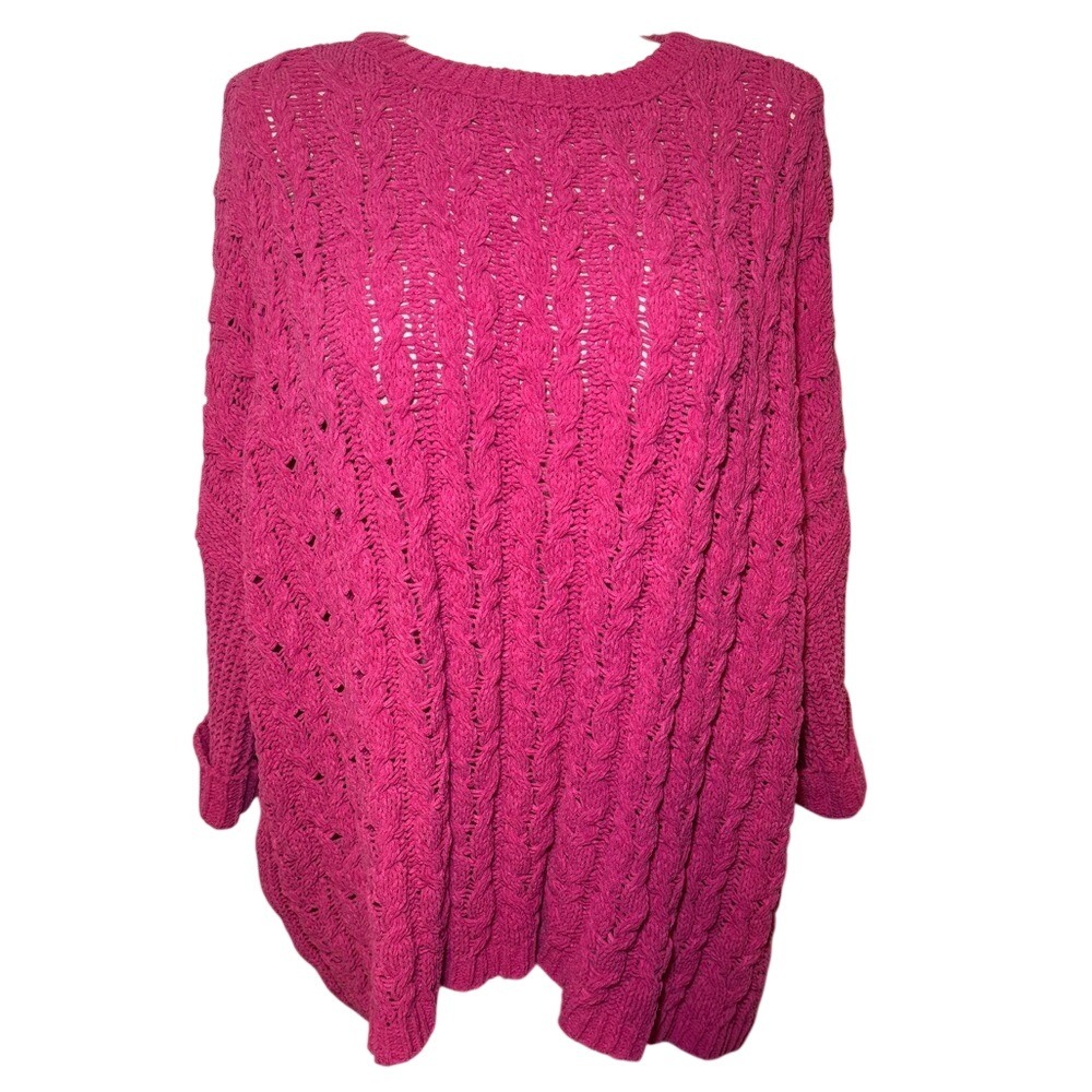 Umgee Women 3/4 Sleeve Sweaters Hot Pink Cable Knit‎ Oversized Crew Neck Small